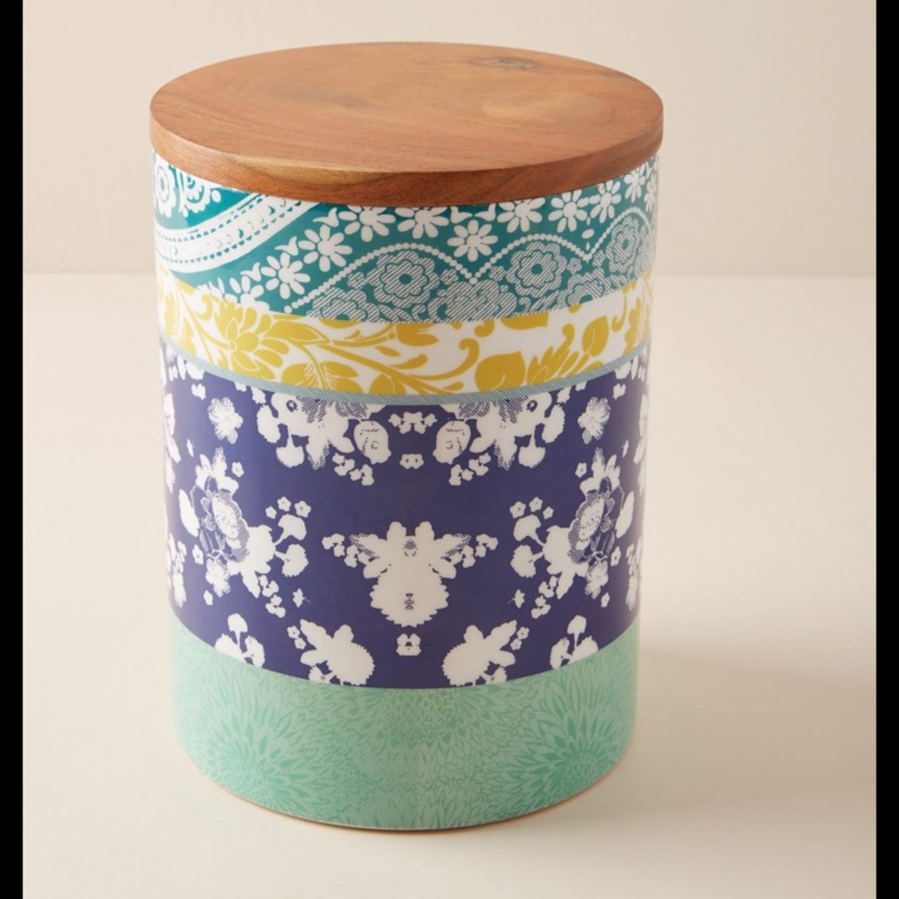 ❌SOLD✨ Anthropologie Jacquard Canister w/ Wood Lid